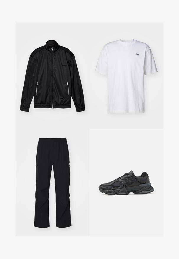 Black zip-front jacket in lightweight, glossy fabric. Features two zippered pockets, a stand-up collar, and elastic cuffs and hem.; White short-sleeve crew neck T-shirt with small black New Balance logo on left chest against a plain background.; Black cargo pants made of lightweight material, featuring an elastic waistband, side pockets, and a straight leg design.; Black running shoe featuring a mix of mesh and synthetic materials, chunky sole, curved design, and prominent branding on the side.