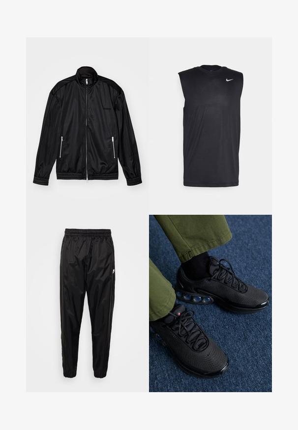 Black zip-front jacket in lightweight, glossy fabric. Features two zippered pockets, a stand-up collar, and elastic cuffs and hem.; Black sleeveless athletic shirt made of smooth fabric, featuring a round neck and a small white Nike swoosh logo on the upper left side.; Black track pants made of lightweight, shiny material with an elastic waistband, tapered fit, and zippered pockets. Features a logo accent.; Black athletic shoes with a mesh upper, textured surface, and visible air cushioning pods. Paired with olive green pants and black socks.