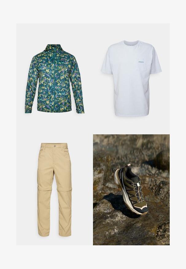 Lättviktsjacka med dragkedja framtill i teal med ett djärvt, abstrakt mönster som har lila och gula detaljer. Designad för utomhusbruk.; Vit bomulls t-shirt med korta ärmar, rund hals och ett vänster bröstficka med en blå "Patagonia"-logotyp. Klassisk passform med en slät textur.; Beige zip-off byxor med en mjuk textur, som har två sidfickor, en knappstängning och uppvikbara muddar för mångsidighet.; Vandringsskor i olivgrönt och svart med rosa detaljer. Har en texturerad ovandel, flexibel sula, förstärkt tåhätta och en färgglad snörningssystem.