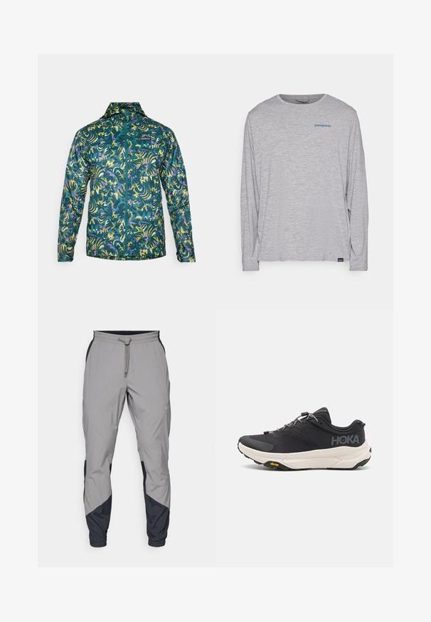 Casaco leve com fecho zíper na frente, na cor azul-petróleo, com um padrão abstrato ousado que apresenta realces em roxo e amarelo. Projetado para uso ao ar livre.; T-shirt de mangas longas cinza claro, feito de um tecido suave e texturizado. Apresenta um decote redondo e um pequeno logotipo azul da Patagonia no peito.; Calças de treino leves e cinzentas com detalhes pretos. Cintura elástica, fecho com cordão, design de perna afunilada e bolsos laterais.; Sapatilha atlética preta com parte superior texturizada, detalhes cinzentos, elementos refletivos e uma sola branca espessa com a marca Vibram.