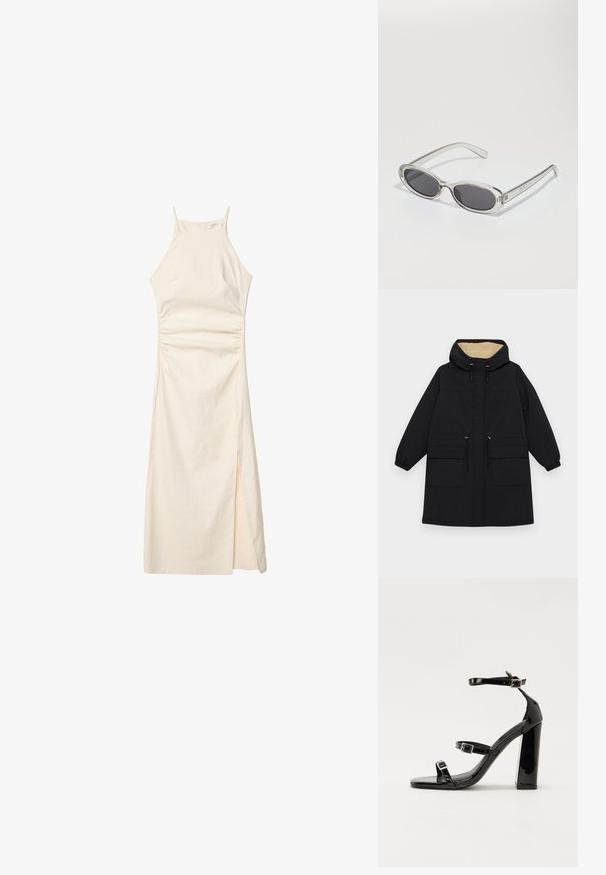 Cappotto nero con cappuccio e una calda fodera beige, presenta due grandi tasche frontali, vita regolabile con cordoncino e polsini elasticizzati.; Stradivarius HALTER - Tubino - stone; Sandali con tacco in vernice nera, con punta squadrata, cinturini alla caviglia e fibbie in argento. Presentano un tacco a blocco spesso per maggiore stabilità.; Occhiali da sole con forma ovale, montatura in plastica trasparente, lenti grigie scure e aste sottili trasparenti con accenti di logo e dettagli minimi.; Borsa a spalla in pelle nera con forma arrotondata, finitura lucida e accessori in argento. Persona che indossa pantaloni ampi neri e mocassini con borchie.