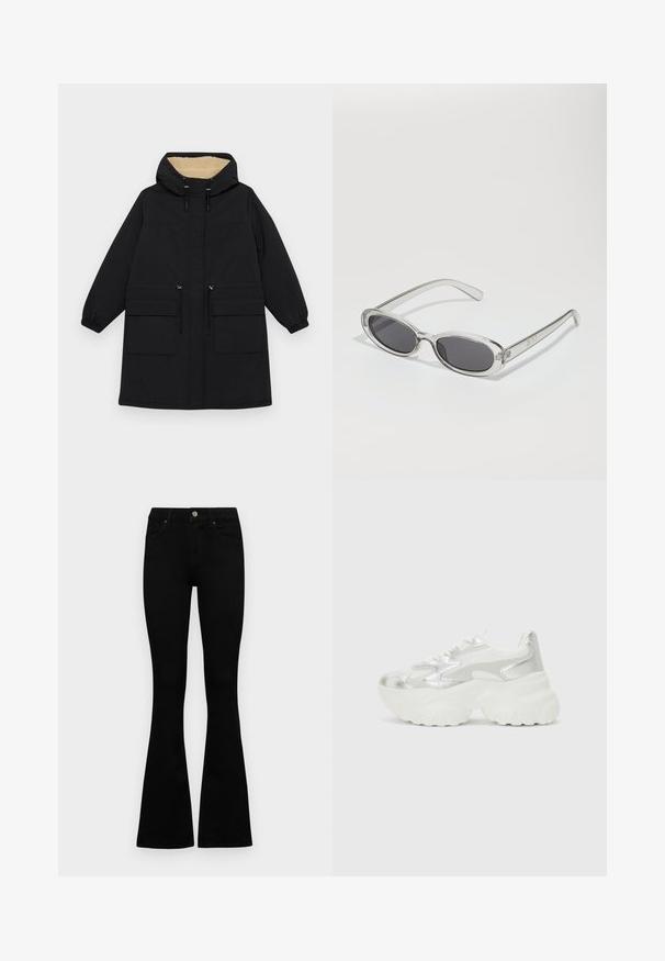 Crni kaput s kapuljačom, s toplom bež oblogom, ima dva velika prednja džepa, pojas s vezicom i elastične manžete.; Crna turtleneck majica dugih rukava, napravljena od rebraste tkanine, ima uski kroj s visokim ovratnikom i bez uzoraka ili dekoracija.; Crne traperice viskog struka s kopčanjem na gumb i rajfeslusu, prednjim džepovima i širom nogavicama položene su ravno na bijeloj pozadini.; Srebrne tenisice s teksturiranim mrežastim gornjištem i iridescentnim akcentima, s debelim bijelim potplatom i vezanjem na vezice.; Naočale u ovalnom obliku, okvir od prozirne plastike, tamno sivi leće i tanke prozirne ručke s logotipom i minimalnim detaljima.