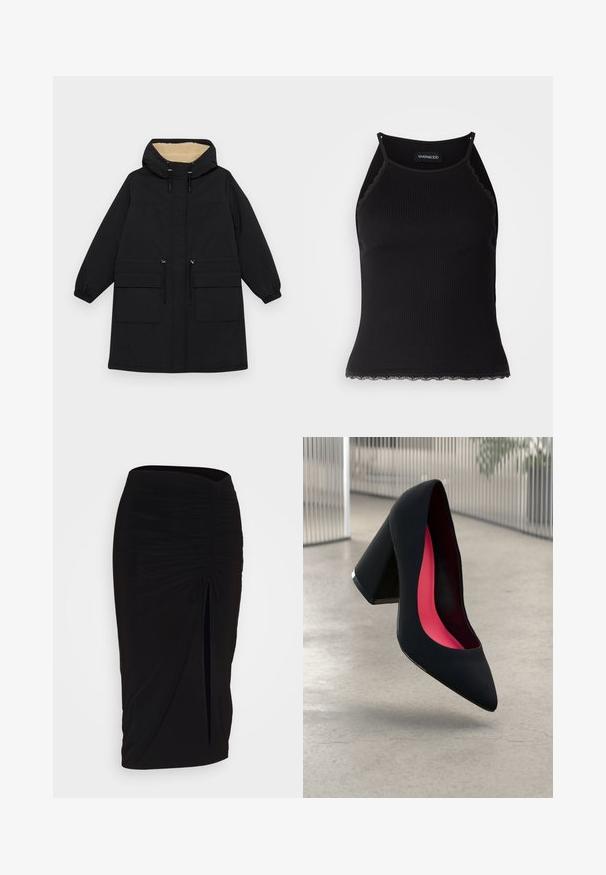 Schwarzer Kapuzenmantel mit einer warmen beigen Fütterung, verfügt über zwei große Fronttaschen, einen Kordelzug in der Taille und elastische Bündchen.; Schwarzes, geripptes Tanktop mit gewellten Spitzenabschluss am Saum. Mit dünnen Trägern und einer figurbetonten Passform. Hergestellt aus dehnbarem Material.; Schwarzer, geraffter Bleistiftrock mit Bindegürtel und seitlichem Schlitz. Hergestellt aus einem dehnbaren Stoff, mit glatter Textur und figurschmeichelndem Design.; Schwarzer High Heel Schuh mit spitzer Zehe, strukturiertem Obermaterial und lebhaftem pinken Innenraum. Verfügt über einen dicken Absatz mit silberner Akzentuierung.