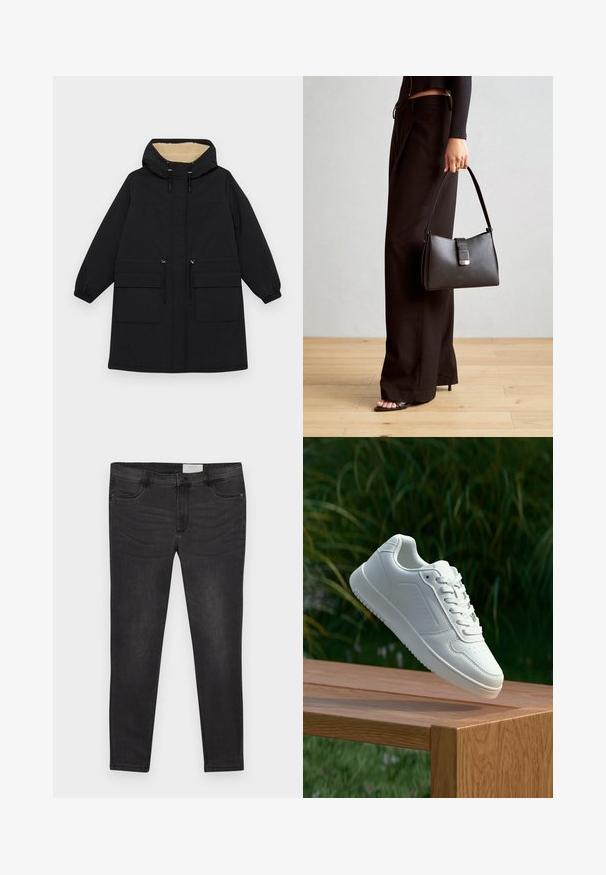 Cappotto nero con cappuccio e una calda fodera beige, presenta due grandi tasche frontali, vita regolabile con cordoncino e polsini elasticizzati.; Top tank bianco a costine con scollatura a barco e spalline larghe. Tessuto morbido e orli cuciti. Design semplice e aderente.; Jeans in denim nero con vestibilità slim, dotati di chiusura con bottone, passanti per cintura e tasche frontali. Tessuto liscio con leggeri effetti di sbiadimento.; Sneaker bianco con tomaia in sintetico liscio, punta perforata, lacci piatti e suola testurizzata, esposto su una superficie di legno.; Borsa nera con forma strutturata, texture liscia e una chiusura metallica. Abbinata a pantaloni neri larghi e sandali open-toe su un pavimento in legno.; Orecchini a cerchio in argento con una finitura liscia e lucente. Forma arrotondata, design leggero, con chiusura a perno.