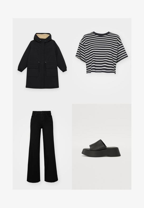 Černý kabát s kapucí a teplou béžovou podšívkou, má dvě velké přední kapsy, stahovací pás a elastické manžety.; Pruhované zkrácené tričko v námořnické modré a bílé barvě. Krátké rukávy, kulatý výstřih, měkká tkanina s vodorovnými pruhy a uvolněný střih.; Černé široké kalhoty vyrobené z denimu, s pevným pasem, poutky na opasek a předními kapsami. Hladká textura s klasickým designem.; Černé platformové sandály s širokým páskem a masivní podrážkou. Vyrobené z hladkého materiálu s matným povrchem a bez viditelného kovového příslušenství.
