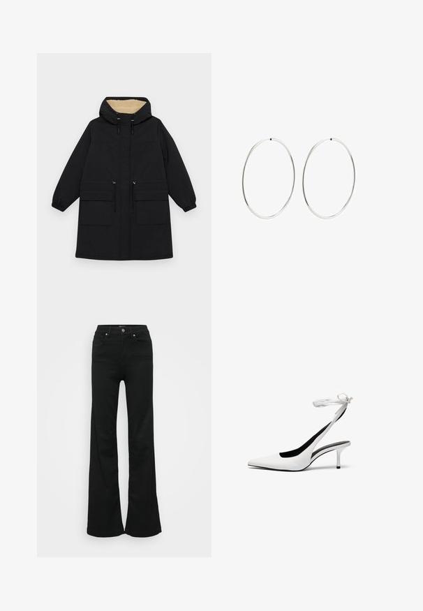 Schwarzer Kapuzenmantel mit einer warmen beigen Fütterung, verfügt über zwei große Fronttaschen, einen Kordelzug in der Taille und elastische Bündchen.; Weißes T-Shirt mit kurzen Ärmeln und Rundhalsausschnitt. Hergestellt aus weichem Stoff, verfügt es über eine lockere Passform und dezente Stickdetails.; Schwarze, ausgestellte Jeans aus Denim, mit hoher Taille, fünf Taschen und Metallknopfverschluss. Glatte Textur mit minimaler Gestaltung.; Weiße Slingback-Absätze mit spitzer Zehenpartie und dünnem Knöchelriemen. Glattes Leder, dünner Stiletto-Absatz und schwarze Innenauskleidung.; Silberne Creolen mit einem glatten, runden Design und einer polierten Oberfläche. Sie sind dünn und leicht und verfügen über einen einfachen Verschluss.