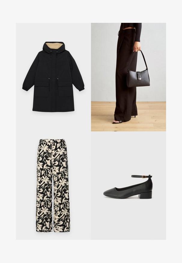 Svart hettefrakk med en varm beige fòr, har to store frontlommer, snøring i midjen og elastiske mansjetter.; Svart kortermet topp laget av glatt materiale, med en peplum-design og en belted midje med to runde knapper i sølvfarge.; Sorte vide bukser med et cremet blomster mønster. Fremstillet af letvægtsstof, med en glat tekstur og en høj talje.; Sorte skinnpumper med spiss tå og lav blokkhelt. Har ankelrem med gullfarget spenne. Glatt tekstur.; Svart håndveske med strukturert form, jevn tekstur og metallisk lås. Kombinert med brede svarte bukser og sandaler med åpen tå på tregulv.