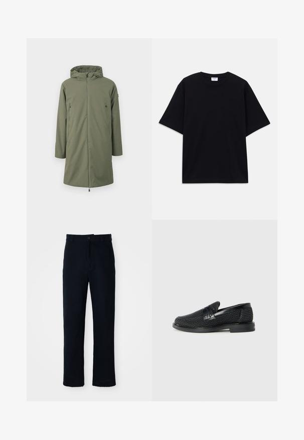 Olīvu zaļš parka mēteli ar rāvējslēdzēju priekšpusē, kapuci un divām sānu kabatām. Iespējo gludu, matētu tekstūru un vidēja garuma dizainu.; Melns īsām piedurknēm oversize T-krekls ar apaļu kakla izgriezumu un redzamu Filippa K zīmola birku iekškaklā.; Kokvilnas tumši zilas bikses ar taisnu kāju dizainu, priekšējo pogu aizdari un klasisku jostasvietu ar jostas cilpiņām.; Melnas austas slaidu kurpes ar gludu ādas akcentu augšpusē, apaļas formas purngalu un zemas profila gumijas zoli.