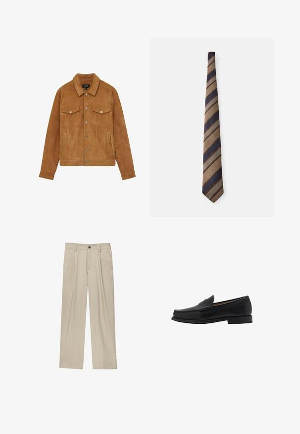 Hnědá semišová bunda s špičatým límcem, patentkami, dvěma náprsními kapsami a bočními kapsami s hladkou texturou a přizpůsobeným střihem.; Světle béžový vlněný svetr s kulatým výstřihem a žebrovanými manžetami. Má texturovanou tkaninu a kontrastní tmavě modrou vnitřní límec.; Béžové kalhoty klasického střihu, se jedním černým knoflíkem, poutky na opasek a bočními kapsami. Hladká textilie a minimalistický design.; Mango Elegantní nazouvací boty - black; Pruhovaná kravata s vzorem hnědých, námořnicky modrých a světle modrých pruhů na texturované tkanině. Kuželovitý konec s zužujícím se designem.