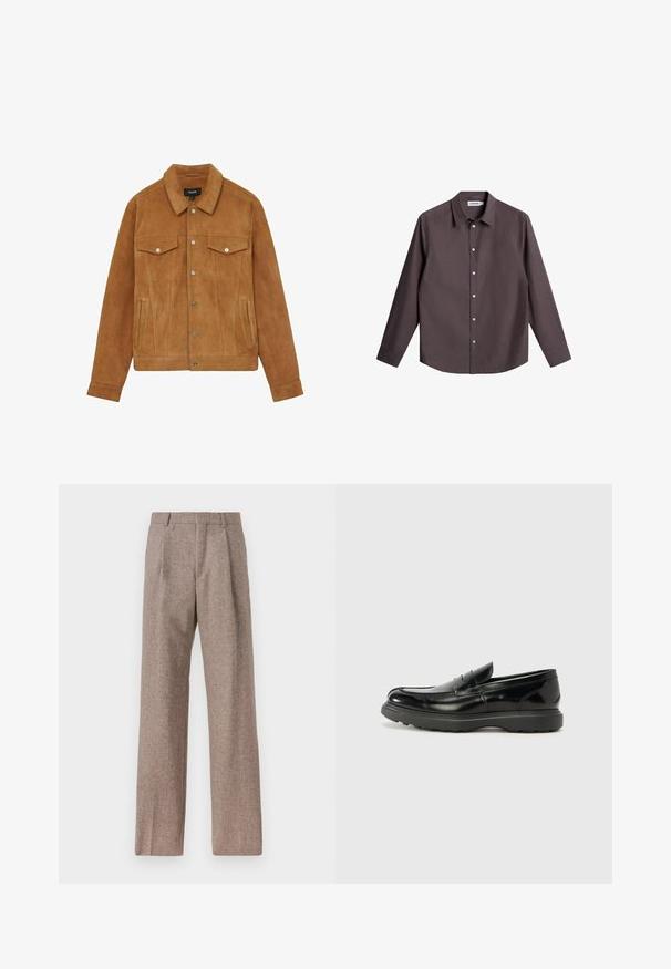 Rudas anteblokas su smailiu apykakle, aparatūriniais užsegimais, dviem krūtinės kišenėmis ir šoninėmis kišenėmis, su lygiu paviršiumi ir pritaikytu siluetu.; Tamsiai rudas marškinis su mygtukais, pagamintas iš tekstūruotos medžiagos. Jame yra apykaklė, ilgos rankovės ir šeši mygtukai priekyje.; Rudos, aukšto liemens kelnes, pagamintas iš tekstūruotos medžiagos. Plati kojos, dvi priekinės klostės struktūrai. Tvarkingas apdailos darbai, be matomų detalių.; Juodas odinis loaferis su blizgiu paviršiumi, apvaliu pirštu, subtiliais siūlių detalėmis ir storu guminio pado, užtikrinančio ilgaamžiškumą.