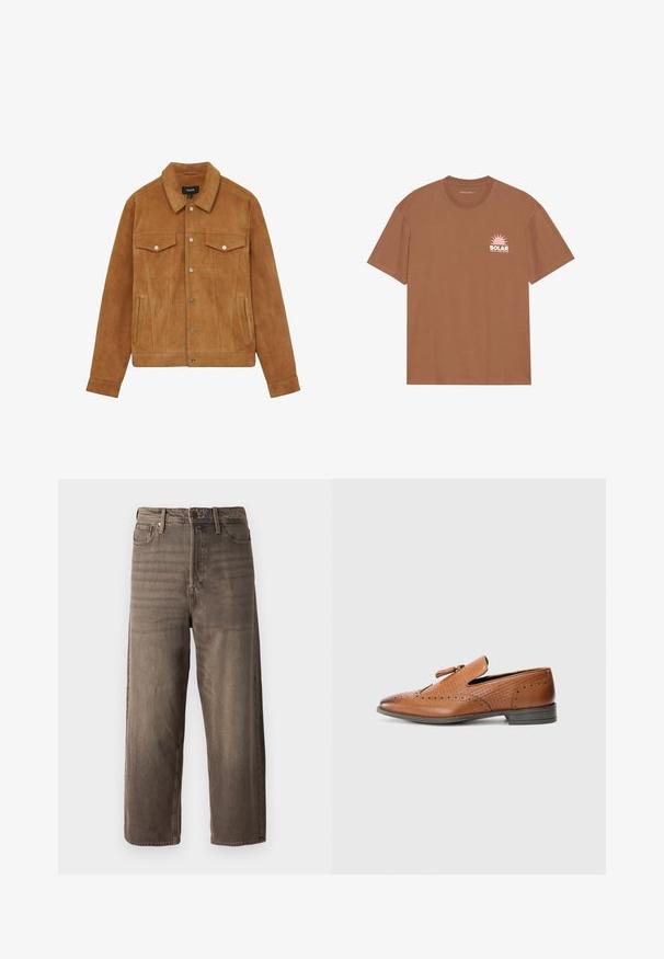 Barna velúr dzseki hegyes gallérral, patent gombokkal, két mellzsebes és oldalsó zsebekkel, sima textúrával és testhezálló szabással.; Barna, rövid ujjú pamut póló, pink napgrafikával és "SOLAR" felirattal a bal mellen. Kerek nyakú dizájn.; Barna, széles lábú farmernadrág, denim anyagból készült. Cipzáras záródás, övbújtatók és öt zseb található rajta. Az anyag megjelenése halvány pattanásos hatású.; Barna bőr cipő perforált díszítéssel, struktúrálttal, lapos talppal és díszes masnival a felső részen. Klasszikus kialakítás sima felülettel.
