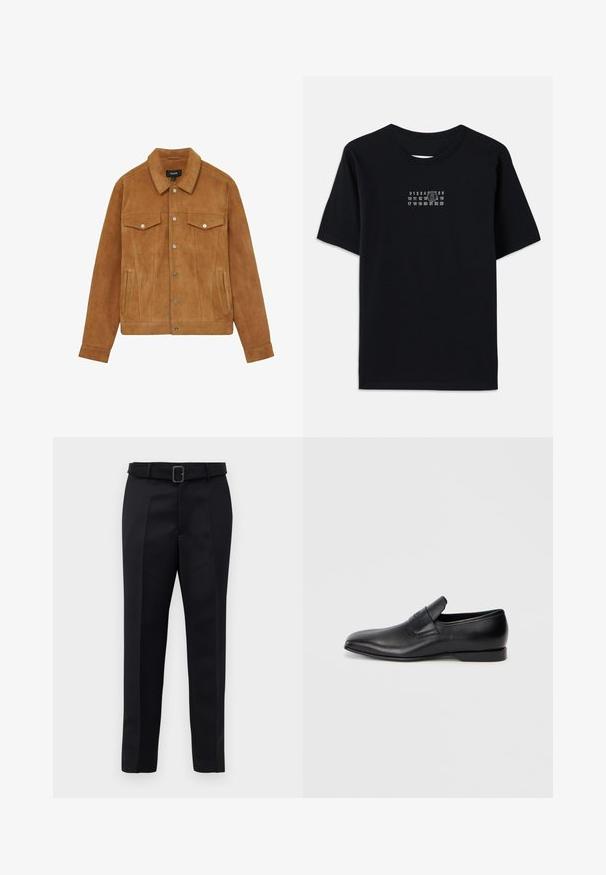 Rudas anteblokas su smailiu apykakle, aparatūriniais užsegimais, dviem krūtinės kišenėmis ir šoninėmis kišenėmis, su lygiu paviršiumi ir pritaikytu siluetu.; Juodas medvilnės marškinėliai su trumpomis rankovėmis ir apvaliu iškirpimu. Pirmame kyne yra baltas numerinis spaudinys su stilizuotu skaičiumi '6'.; Juodos pritaikytos kelnės turi lygią medžiagą, tiesų kirpimą ir diržą su stačiakampiu sagtimi. Išskirtiniai priekiniai raukšliai pagerina dizainą.; Juodos odinės slip-on tipo bateliai su smailiu pirštu, lygia tekstūra ir subtiliu ženklinimu šone. Žemas kulnas su tvarkingu, minimalistiniu dizainu.