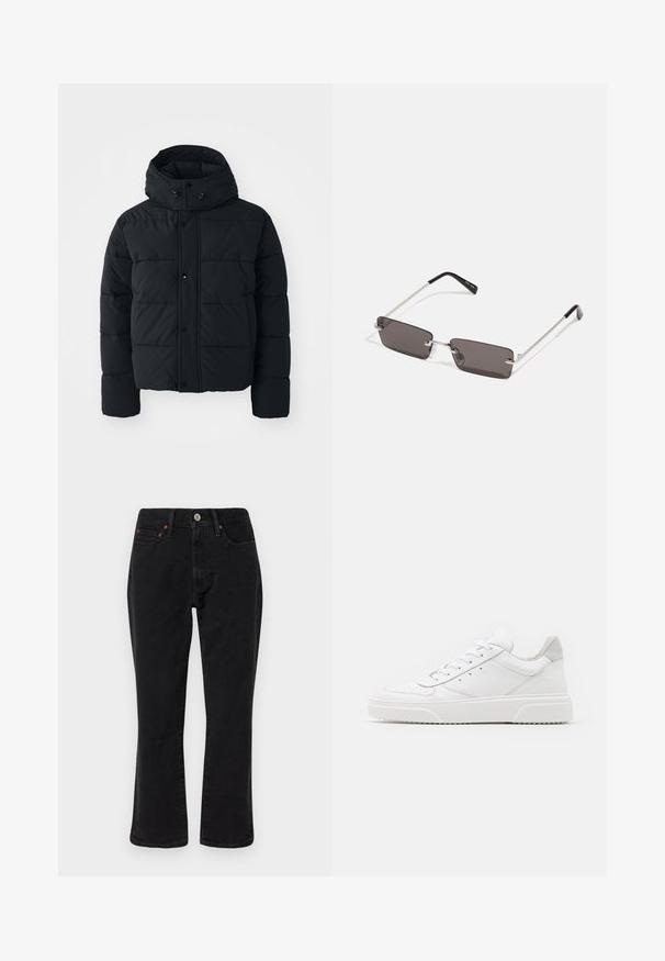Czarna pikowana kurtka ma wysoki kołnierz, zatrzaski oraz pikowaną fakturę. Posiada kaptur dla dodatkowego ciepła i luźny krój.; Biała bawełniana koszulka z krótkim rękawem, okrągłym dekoltem i czerwonym napisem graficznym "PYSZNY ODŚWIEŻAJĄCY OWOC" na przodzie.; Czarne dżinsy o prostym kroju, pięć kieszeni, metalowe elementy wykończenia w miedzianym kolorze. Gładka tekstura i średni stan.; Białe skórzane trampki o gładkim wykończeniu, zaokrąglonym nosku, płaskich sznurówkach i teksturowanej podeszwie. Szary zamszowy akcent na pięcie.; Okulary przeciwsłoneczne z prostokątnymi, ciemnoszarymi soczewkami, srebrnymi metalowymi ramkami i czarnymi plastikowymi zakończeniami na zausznikach. Lekka konstrukcja z poduszkami nosowymi.