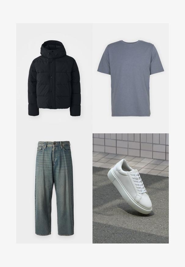 Svart polstret jakke har høy krage, trykknapper og quiltet tekstur. Den har hette for ekstra varme og en løs passform.; Grå kortermet T-skjorte med rund hals, laget av myk bomullsblanding. Enkel design, ingen mønstre eller accenter.; Lyseblå denimjeans med løs passform, midjehøyde og rette ben. Har fem lommer, beltehemper og knappelukking.; Hvit lær sneaker med glatt overflate, rund tå og flate hvite snøringer. Har en teksturert gummisåle og minimale design elementer.