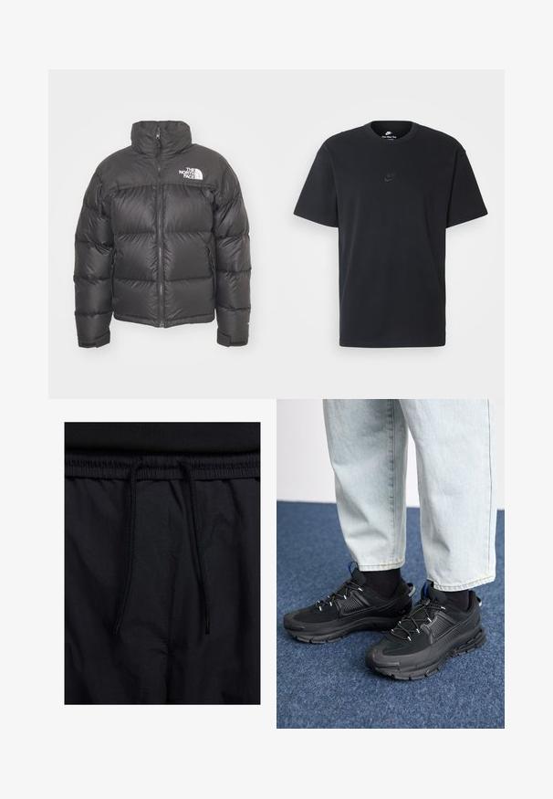 Casaco puffer preto com gola alta, fecho de correr e logotipo. Apresenta seções acolchoadas e punhos elásticos para maior aquecimento.; T-shirt de algodão preto da Nike com um clássico decote redondo, mangas curtas e um logótipo em relevo discreto no peito. Textura suave.; Calções pretos com um cós elástico ajustável, fabricados em tecido leve com uma textura suave e um design simples, sem logótipos ou padrões visíveis.; Sapatilhas desportivas pretas com tecido texturizado e solas em borracha, apresentando atacadores elásticos e um detalhe azul no calcanhar. Usadas com calças de ganga claras.