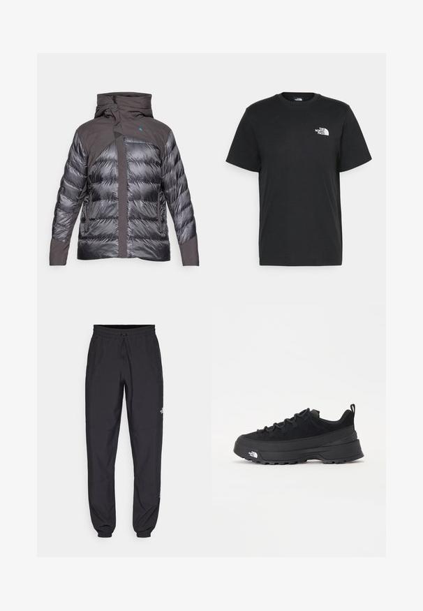 Giubbotto imbottito in grigio scuro e nero, dotato di cappuccio, cerniere e contrasto di texture tra aree lisce e trapuntate.; T-shirt nera in cotone con maniche corte, colletto a giro, e un piccolo logo bianco sul lato sinistro del petto. Design semplice, texture liscia e vestibilità rilassata.; Pantaloni sportivi neri realizzati in tessuto leggero, con vita regolabile con cordino, tasche laterali e orli affusolati alle caviglie.; Sneaker da esterno nera con parte superiore in suede, suola in gomma testurizzata e robusto sistema di allacciatura. Presenta un tallone rinforzato e il logo del marchio sul lato.