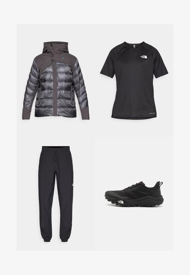 Nafukovacia bunda v tmavo sivej a čiernej farbe, s kapucňou, zipsami a textúrou s kontrastom medzi hladkými a prešívanými časťami.; Čierne športové tričko s krátkym rukávom z texturovanej látky, s bielym logom na ľavej hrudi a rovným lemom.; Čierne športové nohavice vyrobené z ľahkej tkaniny, s elastickým pásom na šnurovanie, bočnými vreckami a zúženými manžetami na členkoch.; Čierne trailové behacie topánky s štruktúrovaným zvrškom, gumovou podrážkou a vystuženou špičkou. Obsahuje polstrovaný golier a úchyt na jednoduché obúvanie.