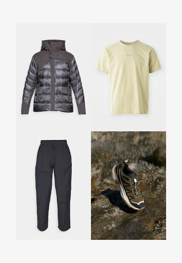 Pufjakke i mørkegrå og sort, med hætte, lynlåse og teksturkonstrast mellem glatte og quiltede områder.; Salomon TRACKLINE TEE - Sports T-shirts - gray green; Sorte cargo bukser lavet af et let, vandafvisende materiale; har elastisk talje, flere lynlåslommer og tætsiddende ben.; Vandrestøvle i olivengrøn og sort med pink accenter. Har en tekstureret overdel, fleksibel sål, forstærket tåhætte og farverigt snøresystem.