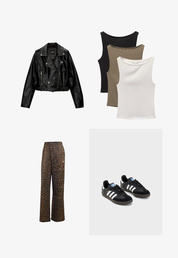 Zwarte leren cropped bikerjack met een ingenaaide kraag, zilveren hardware, ritssluitingen en een ceintuur in de taille.; Drie mouwloze topjes gestapeld: zwart, olijfgroen en wit. De stof is een glad materiaal met rek en heeft ronde halsen zonder patronen.; adidas Originals WIDE LEG LEO PRINT SATIN PANTS - Trainingsbroek - multicolor bronze strata; Zwarte sneakers met een bovenwerk van suède en synthetisch materiaal, voorzien van drie witte strepen, een gestructureerde rubberen zool en een blauw logo-label op de tong.