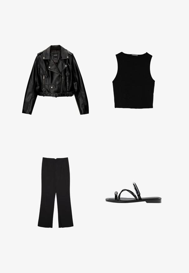 Čierna kožená skrátená bikerská bunda so zúženým golierom, striebornými doplnkami, zipsovými vreckami a pásom v páse.; Čierny bezrukávový crop top vyrobený z hladkej tkaniny, so zaobleným výstrihom a čistým, jednoduchým dizajnom bez vzorov alebo kovania.; Čierne nohavice so strihom rovného strihu, s prednými vreckami a bočnými rozparkami na leme. Vyrobené z mäkkej, hladkej tkaniny. Vhodné na rôzne príležitosti.; Čierne ploché sandále s lesklým povrchom, tromi tenkými popruhmi a okrúhlou kovovou ozdobou na prste. Elegantný dizajn s minimálnym podpätkom.