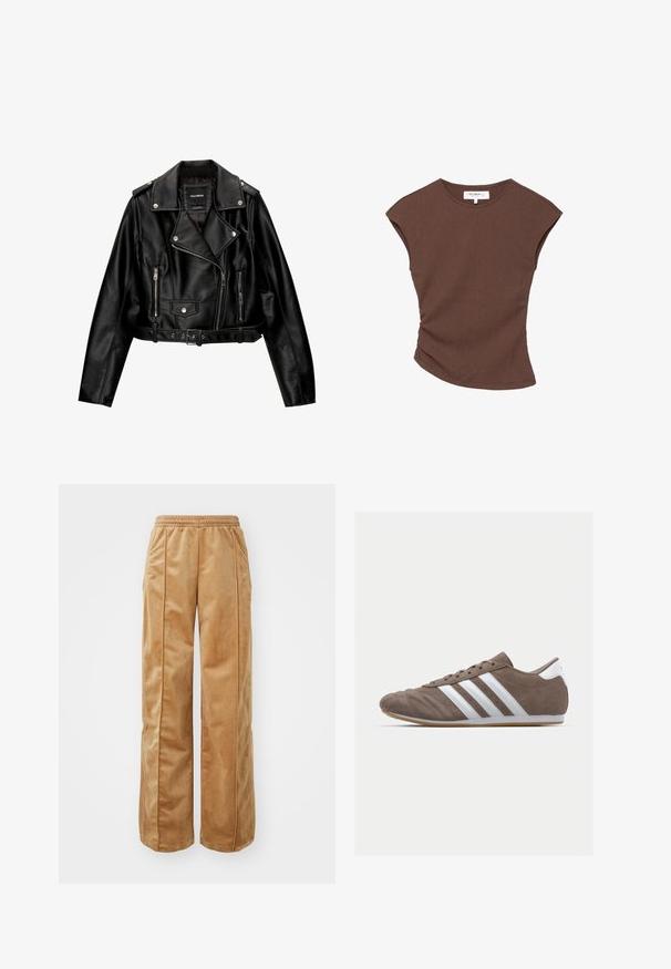 Kratka motoristična jakna iz črnega usnja s podloženim ovratnikom, srebrno opremo, žepi na zadrgo in pasom.; Rjava rebrasta kratka majica s nekoliko ukrivljenim robom. Mehka tekstura in sproščen fit, z okroglo izreznico in minimalnimi šivi.; Tamne široke hlače iz mehke, žametne tkanine. Imajo elastičen pas in vertikalne šive spredaj za dodaten detajl.; Rjav semafor športni copat z belimi črtami, okroglo nos, vezalni dizajn in gumijastim podplatom. Tekstura zgornjega dela s šivi.