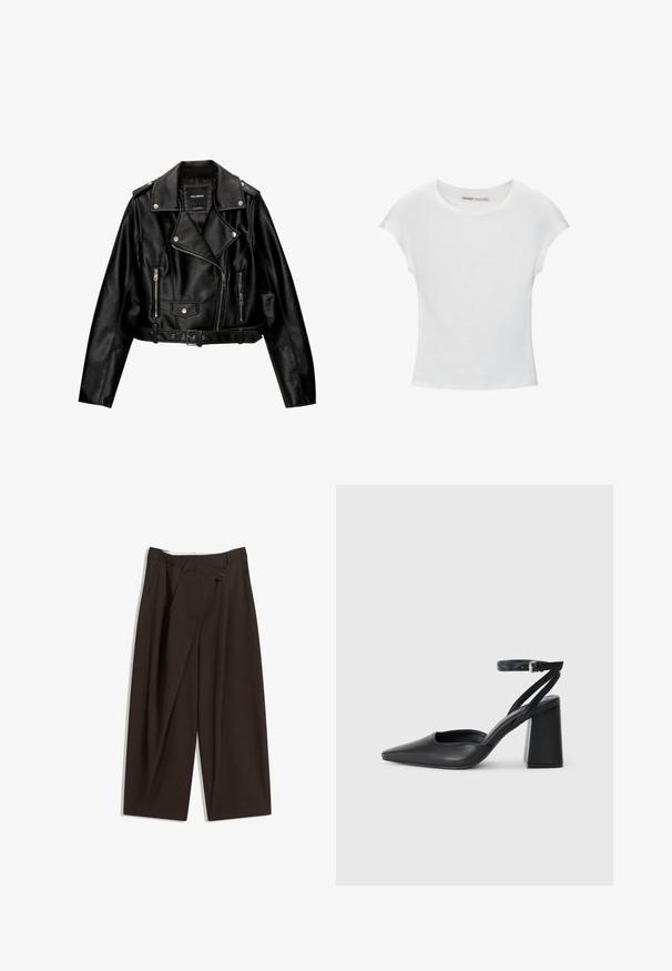 Kratka motoristična jakna iz črnega usnja s podloženim ovratnikom, srebrno opremo, žepi na zadrgo in pasom.; Bela bombažna majica s krožnim izrezom, kratkimi rokavi in prilegajočim se dizajnom. Gladka tekstura brez vzorcev ali okraskov.; Temno rjave široke hlače z visokim pasom, ki imajo en gumb za zapiranje in zamaščen sprednji del. Narejene so iz lahkega blaga.; Črne usnjene klasične čevlje z ostrim nosom, z zaponko za gleženj in debelim peto. Ravna tekstura, eleganten dizajn in minimalistična estetika.