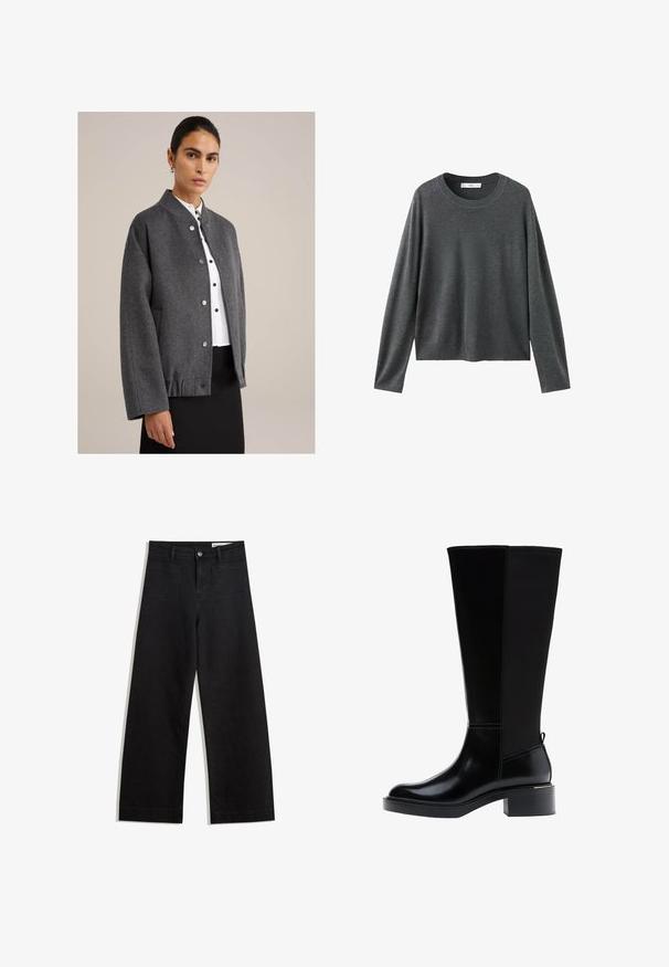 Šedá vlněná bunda s kulatým límcem, patentkami, spadlými rameny a bočními kapsami. Nosí se přes bílou blůzu a černou sukni.; Šedý pletený svetr s dlouhými rukávy, kulatým výstřihem a volným střihem. Vyroben z měkké tkaniny s hladkým povrchem a bez viditelných vzorů.; Černé denimové kalhoty s volným střihem a vysokým pasem, vybavené předními a zadními kapsami, prošívanými švy a knoflíkovým zapínáním. Hladká textura.; Černá kozačka ke kolenu z hladké kůže, s výrazným prošíváním, robustním podpatkem a texturovaným zadním panelem pro větší zajímavost.