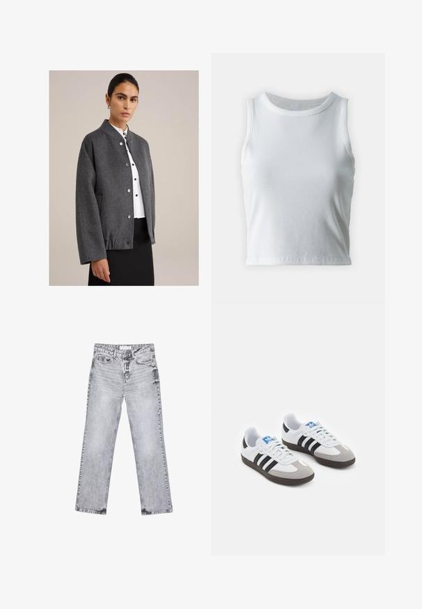 Siva volnena jakna s okroglim ovratnikom, pritisnimi gumbi, spuščeni rami in stranskimi žepi. Nosi se čez belo bluzo in črno krilo.; Bela rebrasta majica brez rokavov z okroglo izrezom, s pravo hem in gladko, elastično strukturo.; Sive traperice z ravnim krojem, z obdelanimi detajli, petimi žepi in bakrenimi zakovicami. Pas ima oznako z logotipom.; Športni čevlji z belim usnjenim zgornjim delom, sivim semišem na prstih in tremi črnimi črtami. Imajo modro logo na jeziku in teksturiran gumijast podplat.