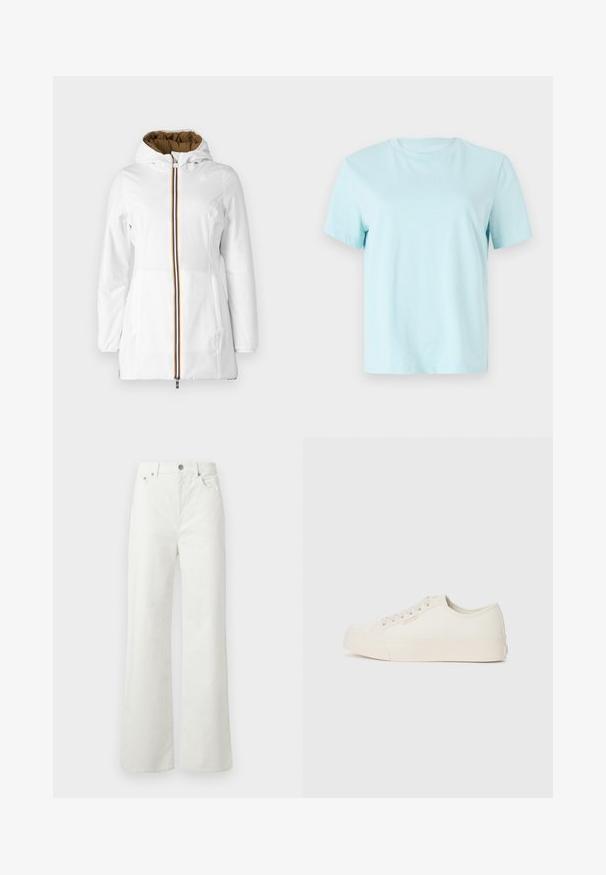 K-Way DENISE WARM DOUBLE - Parka - white/brown; Svjetloplavi pamučni majica s kratkim rukavima, okruglim izrezom i suptilnim vezom 'Calvin Klein' na prednjoj strani.; Samsøe Samsøe SHELLY - Široke kavbojke - clear cream; Tenisice iz off-white platna, z nizkim dizajnom, okruglim prstom in ravnim gummy podplatom z nevsiljivo šivano podrobnostjo.
