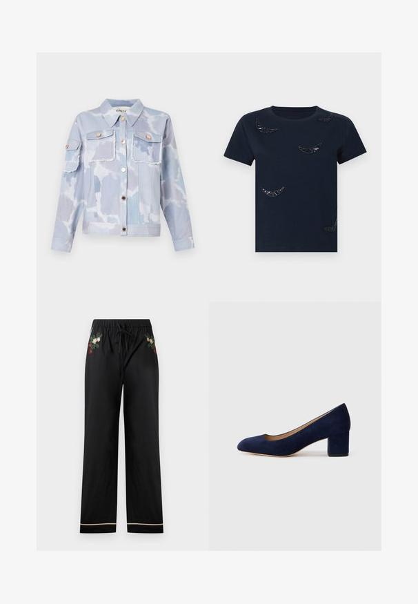 Svijetloplava traper jakna s uzorkom oblaka, dva prednja džepa, zlatnim gumbima i izrezbarenim detaljima na rubu. Duge rukave s manžetama na gumb.; Tamnoplava majica s kružnim izrezom od pamuka. Ima crne šljokice u obliku mjeseca raspoređene po tkanini. Kratki rukavi.; Crne široke hlače imaju elastičnu struknicu s vezicom, izvezene cvjetne uzorke u raznim bojama i kontrastni rub na donjem dijelu.; Tamno plava suede salonka s šiljastim vrhom i blok petom srednje visine. Glatka tekstura s blagim sjajem i malim izrezom sprijeda.