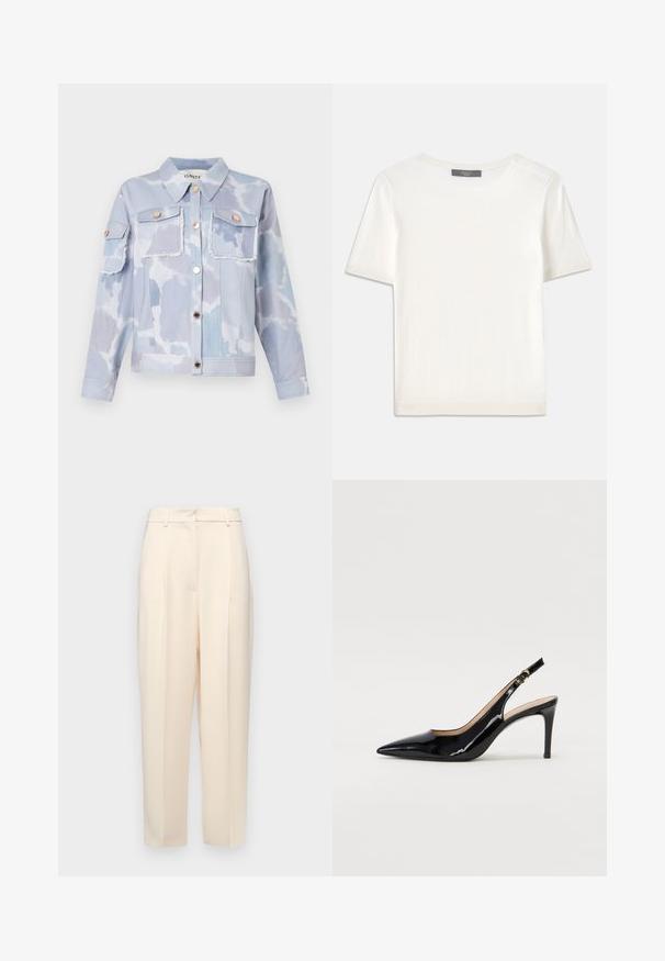 Helesinises teksajakis, millel on pilvede muster, kaks eesmist taskut, kuldse tooni nööbid ja rebenev äär. Pikkade varrukatega, nööpidega mansetid.; Valge lühikeste varrukatega soonikutega viimistletud ringkaelusega kampsun, millel on sile tekstuur.; Beežid kohandatud püksid otse lõikega, ees volditud, siledast tekstuurist ja keskmise kõrgusega vöökoht. Nähtavaid taskuid ei ole.; Must hõbedavärvi patendiga slingback kontsakingad terava varbaga, kitsas konts ja peene lõikega disain. Statistika on kuldne pandla rihmal.