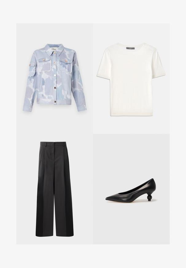 Helesinises teksajakis, millel on pilvede muster, kaks eesmist taskut, kuldse tooni nööbid ja rebenev äär. Pikkade varrukatega, nööpidega mansetid.; Valge lühikeste varrukatega soonikutega viimistletud ringkaelusega kampsun, millel on sile tekstuur.; Mustad laiad püksid kõrge vöökohaga, millel on ees voldid, sile tekstuur ja õmmeldud viimistlus. Kujundatud lõdva istuvuse saavutamiseks.; Must musta kõrge kontsaga king, millel on terav nina ja ümar, pallikujuline konts. Sile pind ja elegantne, minimalistlik disain.