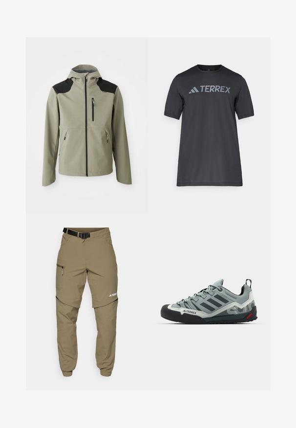 Casaco cinza claro com capuz, detalhes em preto nos ombros, bolsos com fecho de correr no peito e laterais, design estruturado e textura suave.; Camiseta preta de manga curta feita de tecido leve, com o logótipo cinza-claro "TERREX" atravessando o peito e um decote redondo.; Calças de exterior em caqui com um cinto preto ajustável, bolsos com fecho, punhos ajustados e pernas inferiores destacáveis para um estilo versátil.; Chalkboard cinzas com um cabedal texturizado, bico de borracha preta, três riscas escuras e um pequeno destaque vermelho na sola.