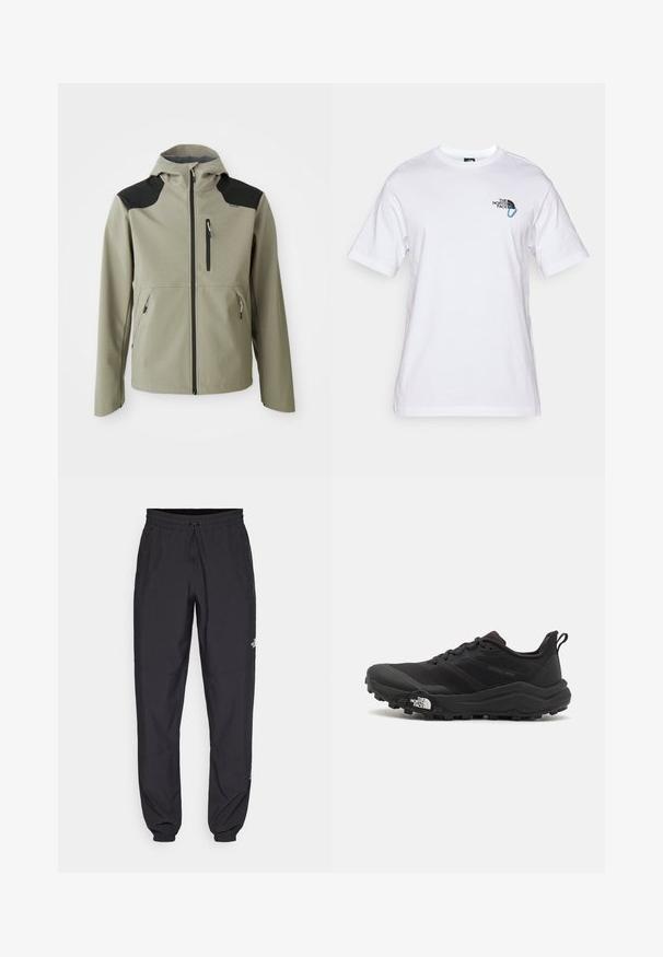Jasnoszara kurtka z kapturem, czarne akcenty na ramionach, zamykane kieszenie na klatce piersiowej i po bokach, strukturalny design i gładka tekstura.; The North Face EXPLORE RELAXED UNISEX biały; Czarne spodenki sportowe wykonane z lekkiego materiału, z elastycznym pasem na sznurek, bocznymi kieszeniami i zwężanymi mankietami przy kostkach.; Czarne buty do biegania w terenie z teksturowaną cholewką, gumową podeszwą i wzmocnionym noskiem. Posiadają wyściełany kołnierz oraz uchwyt do łatwego zakładania.