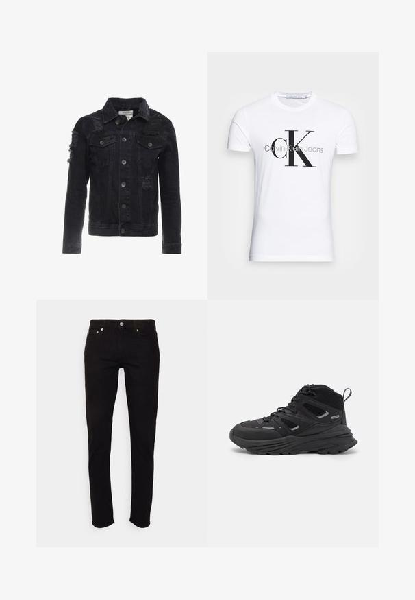 Μαύρο τζάκετ από τζιν με φθαρμένα στοιχεία, κουμπιά μπροστά, δύο επάνω τσέπες και κλασικό σχέδιο γιακά.; Λευκό βαμβακερό μπλουζάκι με μαύρο λογότυπο "CK" και κείμενο "Calvin Klein Jeans", κοντά μανίκια και κλασικό στρογγυλό ντεκολτέ.; Μαύρα τζιν φτιαγμένα από τζίν ύφασμα με slim fit, πεντατσέπικη σχεδίαση και μεταλλικές λεπτομέρειες, διαθέτοντας κλασικό κλείσιμο με κουμπί και φερμουάρ.; Μαύρα παπούτσια πεζοπορίας με σχεδίαση σε στρώσεις, υφασμάτινη υφή και καουτσούκ σόλα, με ενισχυμένα σημεία και κορδόνια.