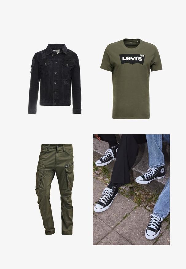 Schwarze Jeansjacke mit zertretenen Akzenten, Knöpfen auf der Vorderseite, zwei Brusttaschen und einem klassischen Kragen-Design.; Olivegrünes Baumwoll-T-Shirt mit einem großen schwarzen Levi's-Logo auf der Vorderseite. Klassischer Rundhalsausschnitt und kurze Ärmel, glatte Textur.; Olivgrüne Cargo-Hosen aus strapazierfähiger Baumwolle. Sie verfügen über mehrere Taschen, eine mit Reißverschluss versehene Seitentasche und ein tapered Bein mit einer leicht strukturierten Oberflächenbeschaffenheit.; Schwarzecanvas-Sneaker mit hohem Schaft, weißen Gummisohlen und Schnürsenkeln, die ein rundes Logo an der Seite besitzen und mit Denim- sowie schwarzen Hosen kombiniert sind.