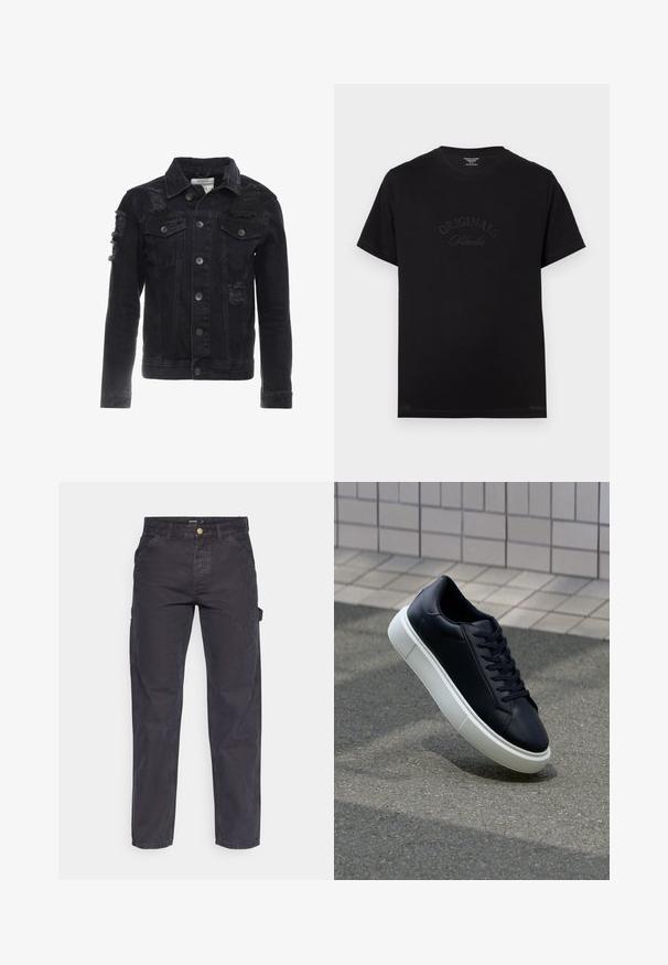 Veste en denim noir avec des accents en détresse, des boutons sur le devant, deux poches poitrine et un design de col classique.; T-shirt en coton noir à manches courtes et col rond. Présente "ORIGINALS Studio" embossé en lettres tonales sur le devant.; Pantalons cargo gris foncé en tissu durable, avec une coupe droite, cinq poches et une fermeture à bouton à la taille.; Baskets noires en cuir avec bout arrondi et semelle en caoutchouc blanc. Elles présentent des lacets plats et une couture minimale sur la tige. Semelle texturée pour une bonne adhérence.