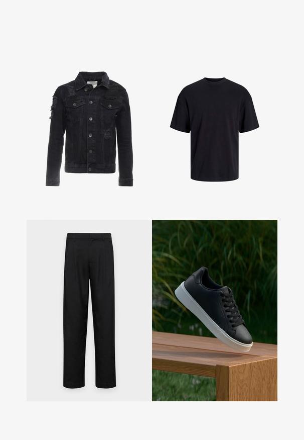 Must musta jakk, millel on kulunud aktsendid, nuppu ees, kaks rinna taskut ja klassikaline krae disain.; Must must on mustre, lühikeste varrukatega ja vabalt langev. Sile tekstuur ja ilma nähtavate mustrite või aktsentideta.; Mustad mustadest riietest, millel on sirge jalgade disain, kaks eesmist voltimist ja tavaline vöökoht, millel on vöökohad.; Must värvi nahast tennisekingad siledast materjalist, valge kummist tald ja kuus aukku paelte jaoks, asetatud puidust pinnale.