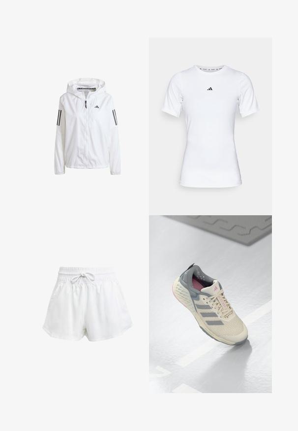 White lightweight jacket with a hood, featuring a front zipper and three black stripes on each sleeve. Smooth texture, athletic design.; White athletic shirt with short sleeves, made of smooth, stretch fabric. Features a small black Adidas logo on the chest.; White athletic shorts with an elastic waistband and adjustable drawstring. Made from lightweight material, featuring side pockets and a loose fit.; Beige athletic shoe with gray accents, mesh upper, and a textured sole. Features three gray stripes and pink interior details.