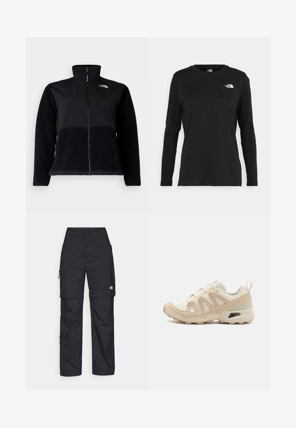 Czarna kurtka z połączeniem gładkiego materiału i teksturowanej dzianiny. Wysoki kołnierz, zamek błyskawiczny oraz widoczne kieszenie boczne.; Czarna koszulka z długim rękawem z bawełny z okrągłym dekoltem. Posiada niewielkie białe logo po lewej stronie na piersi. Prosty design i fason.; Czarne nylonowe spodnie cargo z odpinanymi nogawkami, regulowanymi mankietami, wieloma kieszeniami oraz logo na prawej nogawce. Gładka, lekka tekstura.; Beżowe i kremowe buty sportowe z teksturowanej siateczki, wspierającymi nakładkami oraz gumową podeszwą z wzorem bieżnika zapewniającym przyczepność.