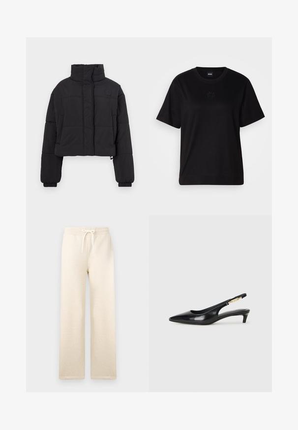 Kuttet svart pufferjakke med høy krage, med quiltede seksjoner, elastiske ermer og en liten logo på brystet.; Svart bomull T-skjorte med rund hals, korte ermer og et brodert logo på brystet. Enkel, avslappet passform uten mønstre.; Kremfargede joggebukser laget av myk stoff, med elastisk midje og snøring, vide ben og uten synlige mønstre.; Sorte lærreim hæler med spiss tå, som har en slank hæl og en gullfarget detalj på den justerbare stroppen. Glatt tekstur.