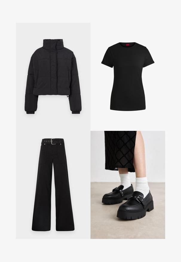 Cropped black puffer jacket with a high collar, featuring quilted sections, elastic cuffs, and a small logo on the chest.; Black cotton t-shirt with short rolled sleeves, a round neckline, and a red label. Smooth texture, fitted shape with minimal detailing.; Black wide-leg trousers made from cotton, featuring a high waist, large side pockets, and a belted waist with silver hardware accents.; Black platform loafers with a smooth leather finish, featuring a buckle detail and stud accents, paired with white ribbed socks.