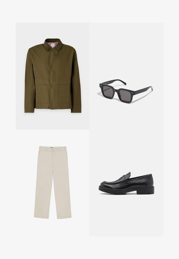Jachetă verde măsliniu cu guler din catifea, capse, două buzunare frontale și o căptușeală în carouri. Design clasic, structurat.; Hanorac pulover gri deschis cu guler înalt, fermoar pe jumătate în față și manșete elastice. Material moale și croială lejeră.; Pantaloni bej cu picioare wide-leg, cu o textură netedă, prevăzuți cu bucle pentru curea, două buzunare frontale și închidere cu fermoar. Design minimalist.; Mocasini din piele neagră cu vârf rotund, design slip-on și talpă groasă din cauciuc cu un grip texturat. Toc înălțat și detalii subtile de cusătură.; Ochelari de soare negri, de formă rectangulară, cu lentile închise, având un cadru gros, accente subtile pe margini și fără logo-uri vizibile în afară de numele brandului.