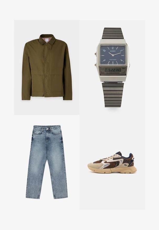 Oliven grøn jakke med et kordfløjlskrave, trykknapper, to frontlommer og et ternet for. Klassisk, struktureret design.; Brun rullekrave trøje lavet af blødt stof, med lange ærmer, ribbede manchetter og en tætsiddende design uden synlige mønstre.; Lysblå denim jeans med lige ben, synlig syning, fem lomme-design og knaplukning ved taljen.; Beige og brune sneakers med strukturerede mesh-paneler, suedette detaljer og gummisål. Har snørebåndsdesign og brandede detaljer.; Casio digitalur med en blå urskive, sølvgehus og lagdelt sort gummirem. Viser tidspunkt og alarmindstillinger. Vandafvisende.