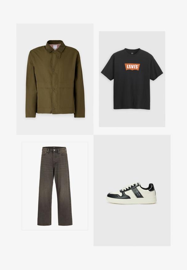 Oliivroheline jakk, millel on korduroost kaelus, nööpidega kinnitamine, kaks esikotit ja ruuduline vooder. Klassikaline, struktureeritud disain.; Must noirest T-särk, millel on ees suur oranž Levi's logo, lühikesed varrukad ja ümar kaelus.; Laia säärtega sinimustad teksad tumeda halli denimi, kõrge talje, klassikalise viie tasku disaini ning kontrastsete õmblustega õmblustel.; Nahatud nahkkingad musta ja kreemi värviskeemiga, millel on perforeeritud aktsendid, pehme krae ja tekstureeritud tallad.