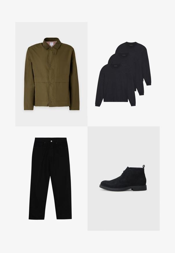 Olivengrønn jakke med kordfløyelskrage, trykknapper, to frontlommer og rutete innerfor. Klassisk, strukturert design.; Tre svarte langermede skjorter laget av myk stoff, med runde halslinjer og tettsittende mansjetter. Minimalistisk design uten synlige mønstre.; Sorte denimbukser med rett benklipp, fem-lomme design og frontknappåpning. Jevn tekstur med minimale sømdetaljer.; Sorte semskede ankelstøvler med rund tå, snørelukking og en strukturert gummisåle. Har en liten løkke bak.