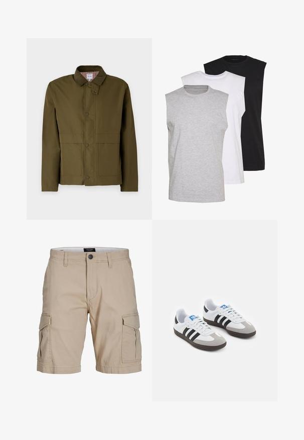 Oliven grøn jakke med et kordfløjlskrave, trykknapper, to frontlommer og et ternet for. Klassisk, struktureret design.; Tre ærmeløse t-shirts i grå, hvid og sort. Blødt bomuldsmateriale med rund hals og afslappet pasform. Enkel design, ingen mønstre.; Beige cargo shorts lavet af bomuld, med flere sidelommer, en knappet taljeåbning og en lige pasform.; Sportsko med en overdel i hvid læder, grå ruskind på tåen og tre sorte striber. Har et blåt logo på tungen og en struktureret gummisål.
