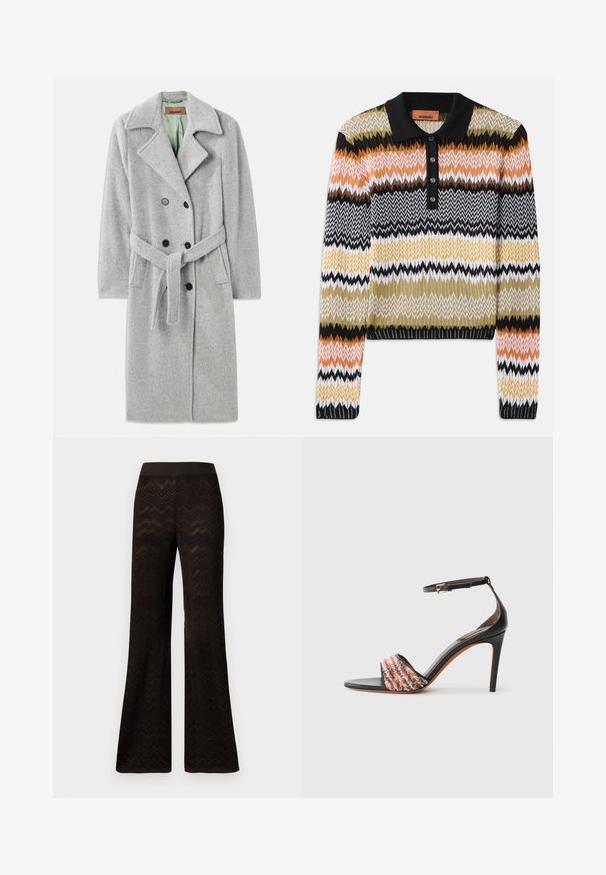 Šedý vlněný kabát s dvouřadým zapínáním, špičatým klopem, černými knoflíky a textilním páskem. Vnitřek v světle zelené barvě.; Pletený polo svetr v mnohobarevném zigzagovém vzoru, s černým límcem a knoflíkovou légou. Měkká textura s dlouhými rukávy a žebrovanými manžetami.; Široké černé kalhoty s pleteným vzorem ve tvaru zigzagu a elastickým pasem, vystavené na čistém bílém pozadí.; Černé sandály na podpatku s páskem kolem kotníku. Mají texturovaný, vícebarevný pruh látky přes prsty. Hladký kožený povrch.