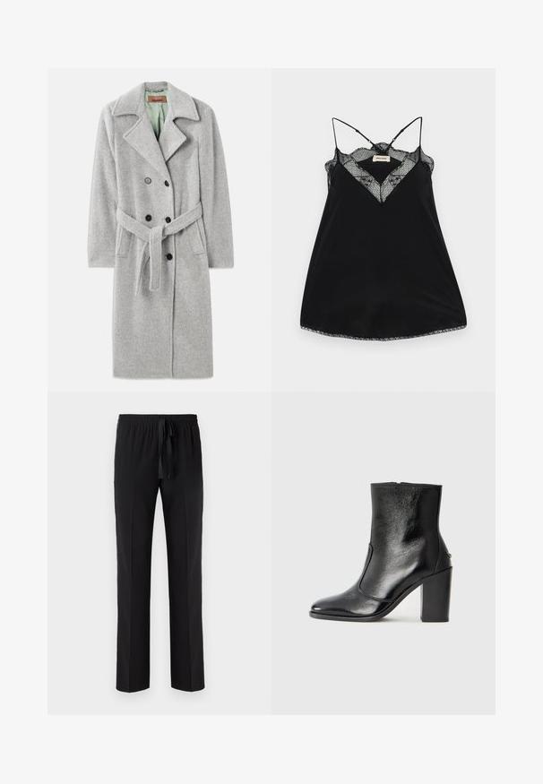 Pelēks vilnas maisījuma mētelis ar divreiz aizpogātu dizainu, izteiksmīgu apkakli, melnām pogām un auduma jostu. Iekštelpas ir gaiši zaļas.; Melna topiņa ar regulējamiem siksniņām, ar mežģīņu kakla izgriezumu un viļņotām malām. Gluda auduma ar vieglu spīdumu.; Melni bikses ar elastīgu jostu un regulējamu auklu, ar taisnu kājāmgājēju dizainu un gludu tekstūru. Nav rakstu vai akcentu.; Melnas ādas potīšu zābaki ar gludu tekstūru, smailu purngalu un masīlu augstu papēdi. Iekļauts sānu atvērums un minimālistisks dizains.