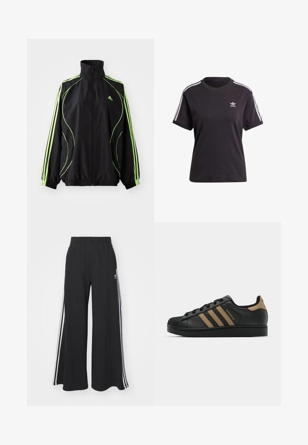 adidas Originals TEAMGEIST ADICOLOR - Casaco leve - black/signal green; T-shirt preto de algodão de mangas curtas com gola redonda, apresentando riscas brancas nos ombros e um pequeno logotipo branco da Adidas no peito.; Calças de suor largas e pretas com uma cintura elástica, apresentando riscas brancas nas laterais e um logótipo bordado na coxa esquerda.; Sapatilha de couro preta com três riscas castanhas, biqueira de borracha texturizada, sistema de atacadores, e sola plana preta. Apresenta um logotipo discreto no calcanhar.
